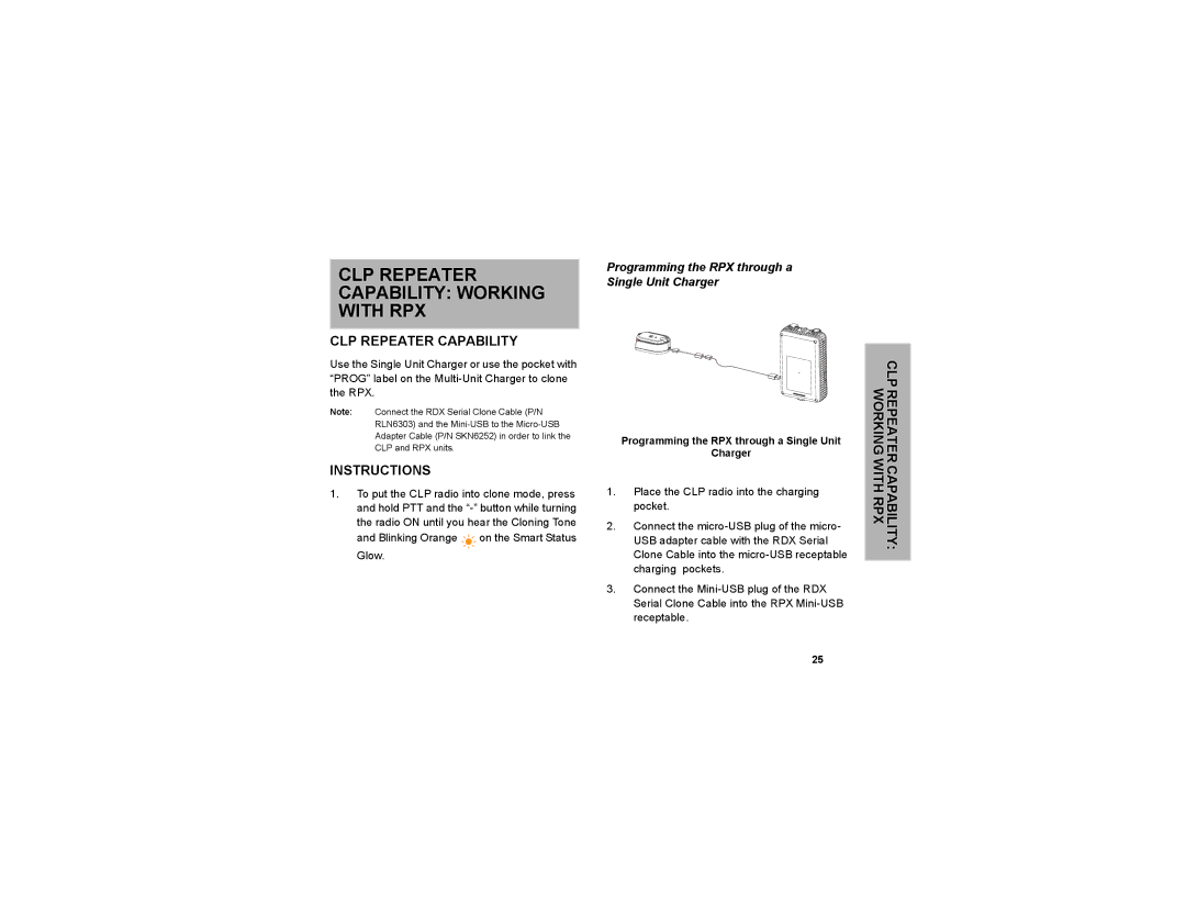 Motorola CLP1040, CLP series CLP Repeater Capability Working with RPX, Programming the RPX through a Single Unit Charger 