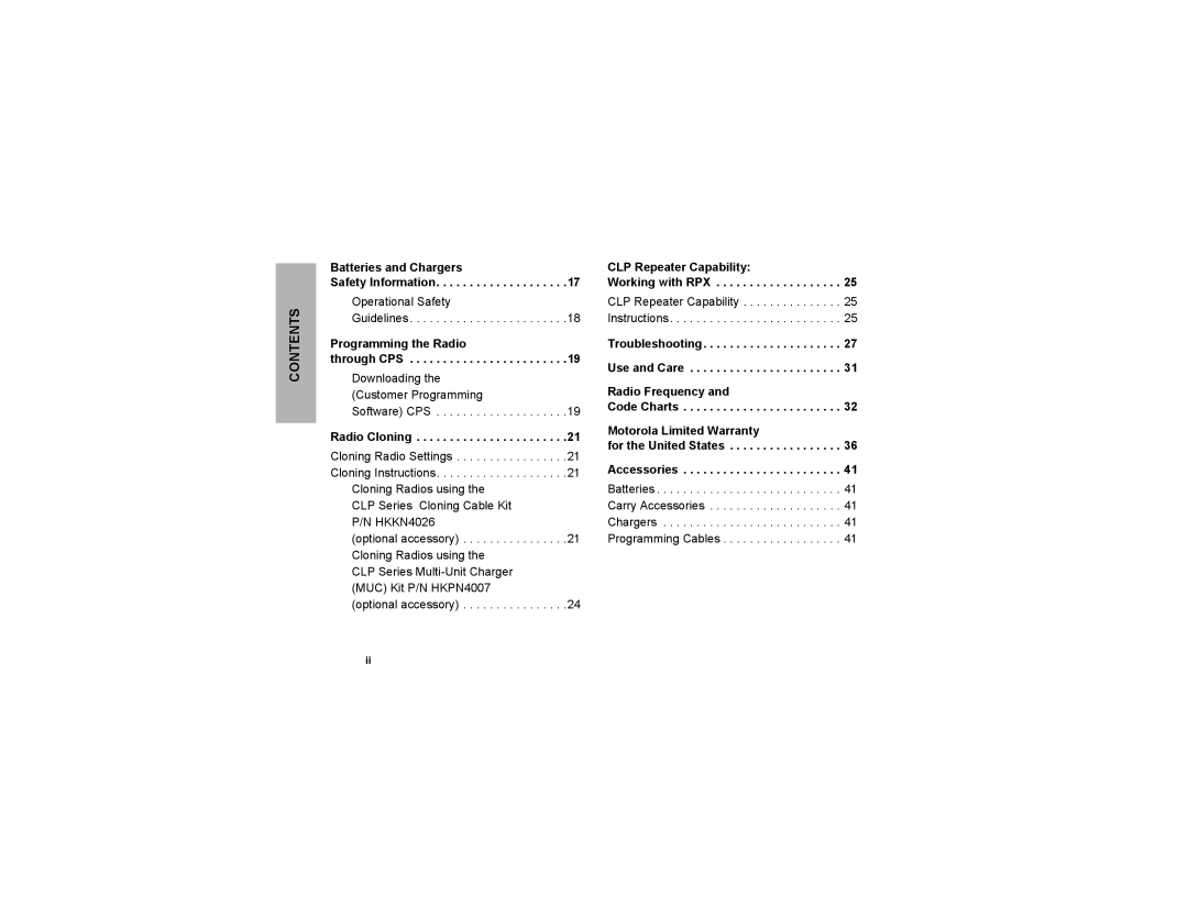 Motorola CLP series, CLP1040 Batteries and Chargers Safety Information, Programming the Radio Through CPS, Radio Cloning 