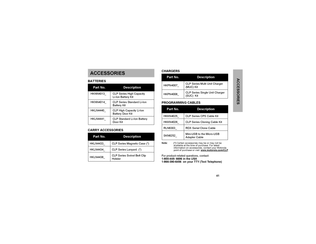 Motorola CLP series, CLP1040, CLP1010 manual Batteries, Carry Accessories, Chargers, Programming Cables 