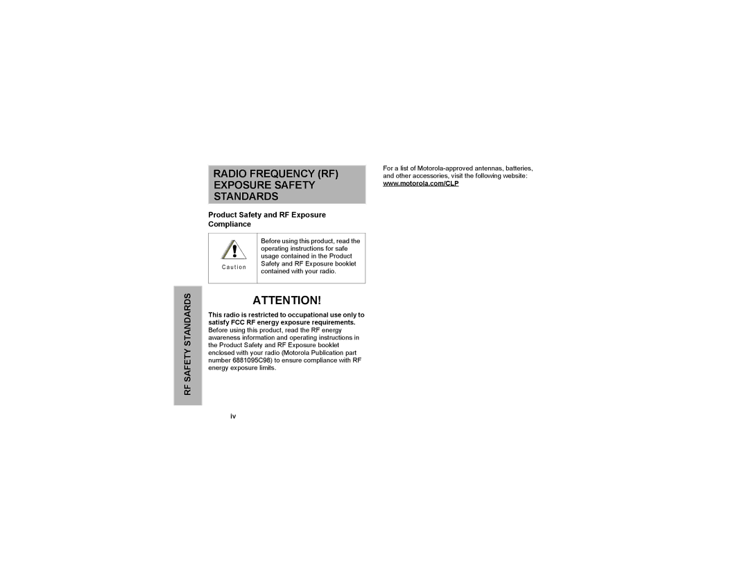 Motorola CLP1040, CLP series manual Radio Frequency RF Exposure Safety Standards, Product Safety and RF Exposure Compliance 