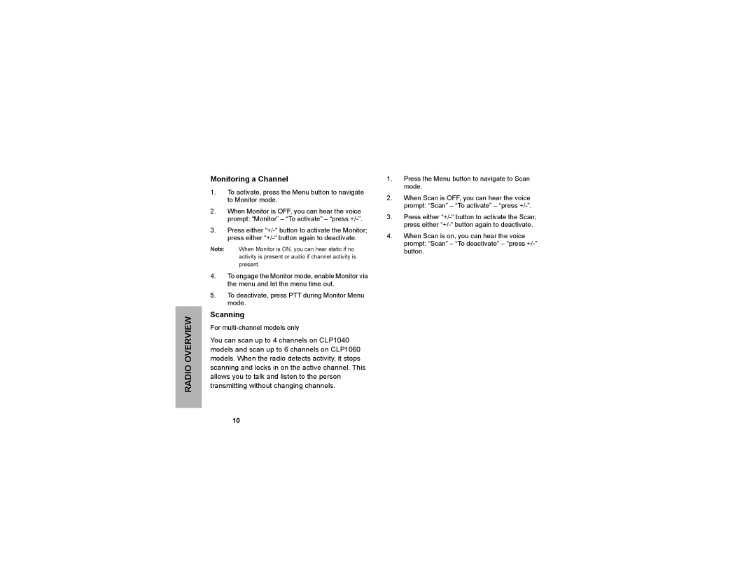 Motorola CLP1060 manual Monitoring a Channel, Scanning 