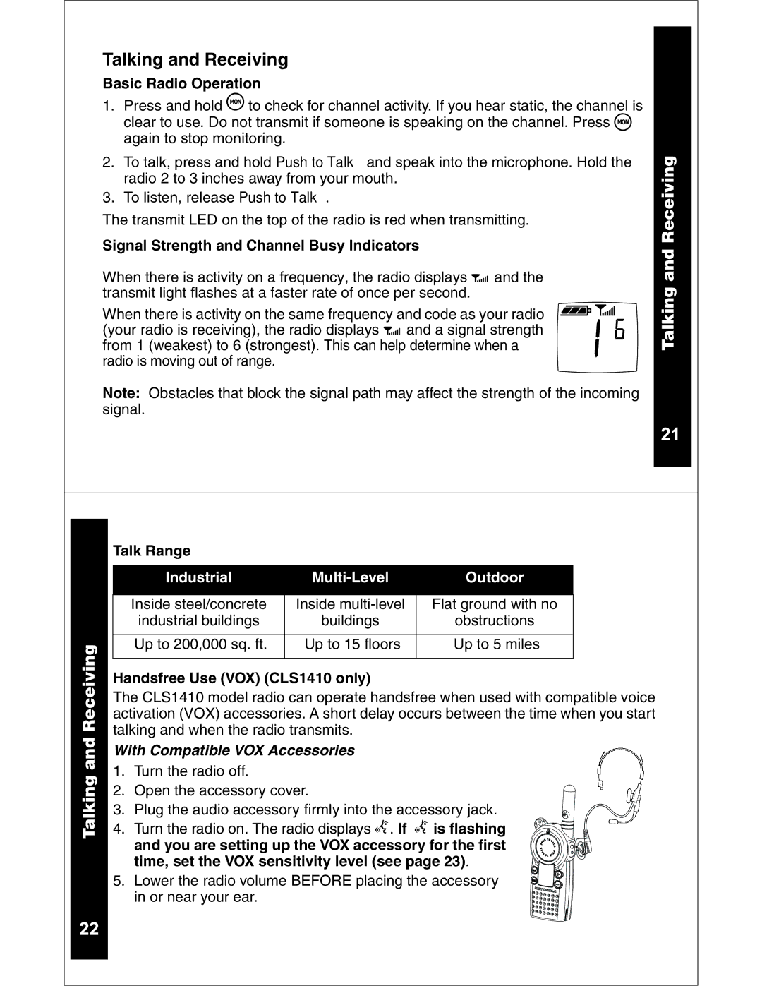 Motorola CLS1110 CLS1410 manual Talking and Receiving, Industrial Multi-Level Outdoor, With Compatible VOX Accessories 