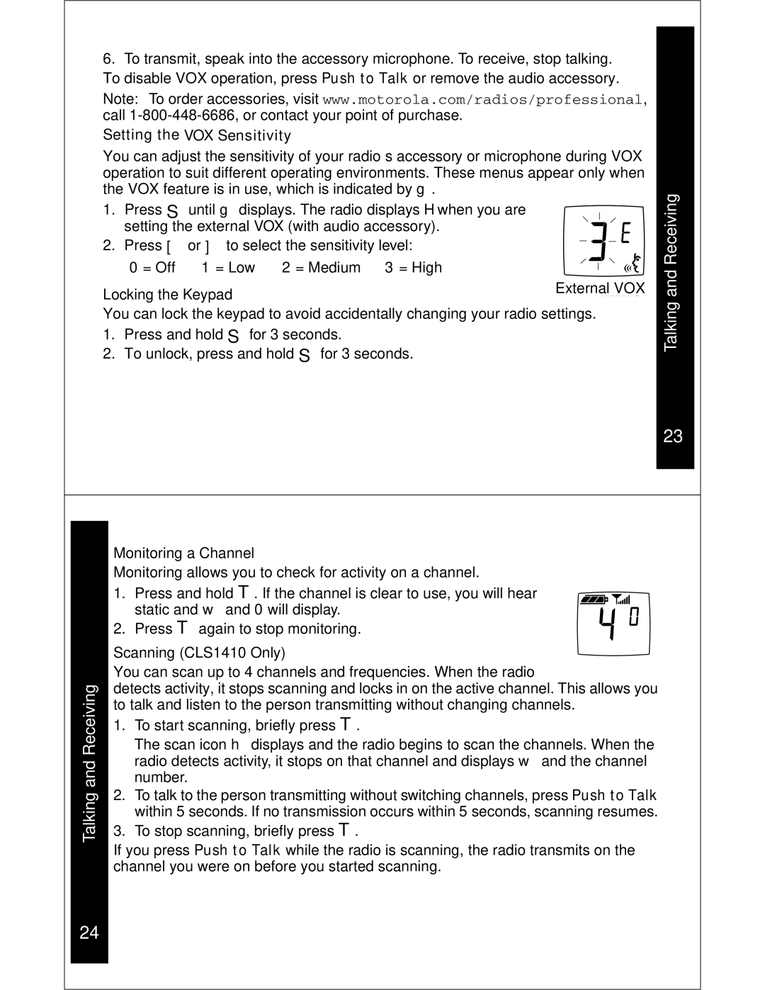 Motorola CLS1110 CLS1410 Setting the VOX Sensitivity, Locking the Keypad, Monitoring a Channel, Scanning CLS1410 Only 