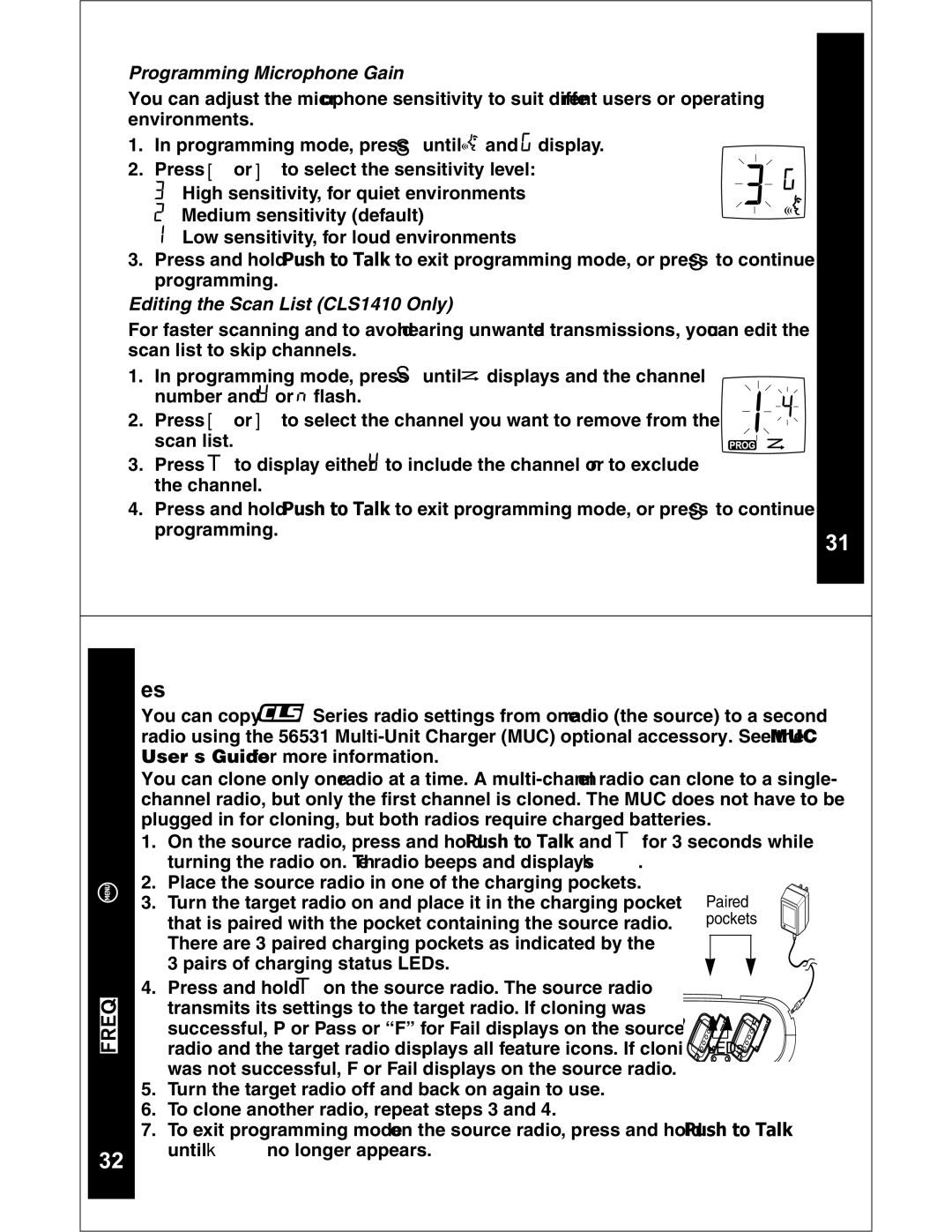 Motorola CLS1110 CLS1410 manual Cloning Radio Settings, Programming Microphone Gain, Editing the Scan List CLS1410 Only 