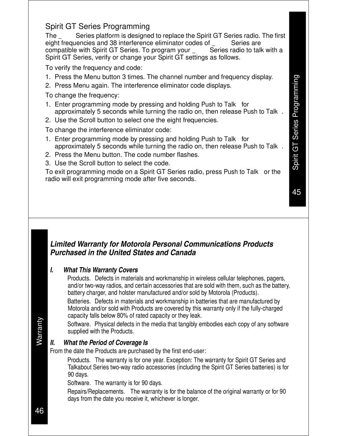 Motorola CLS1110 CLS1410 manual Spirit GT Series Programming, What This Warranty Covers, II. What the Period of Coverage Is 