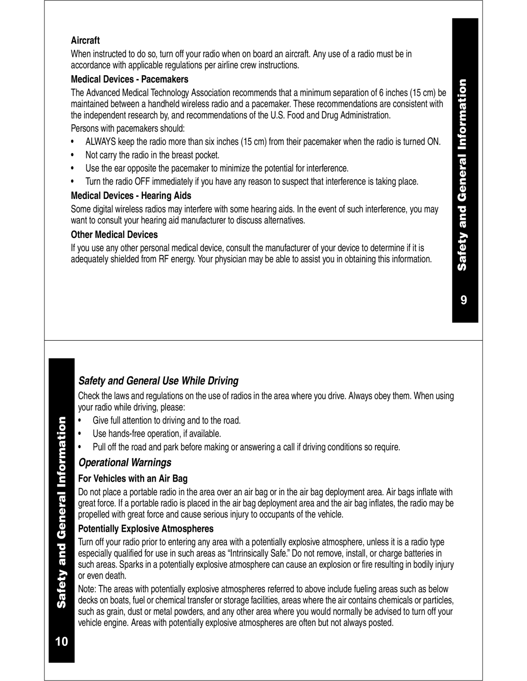 Motorola CLS1110 CLS1410 manual Safety and General Use While Driving, Operational Warnings 