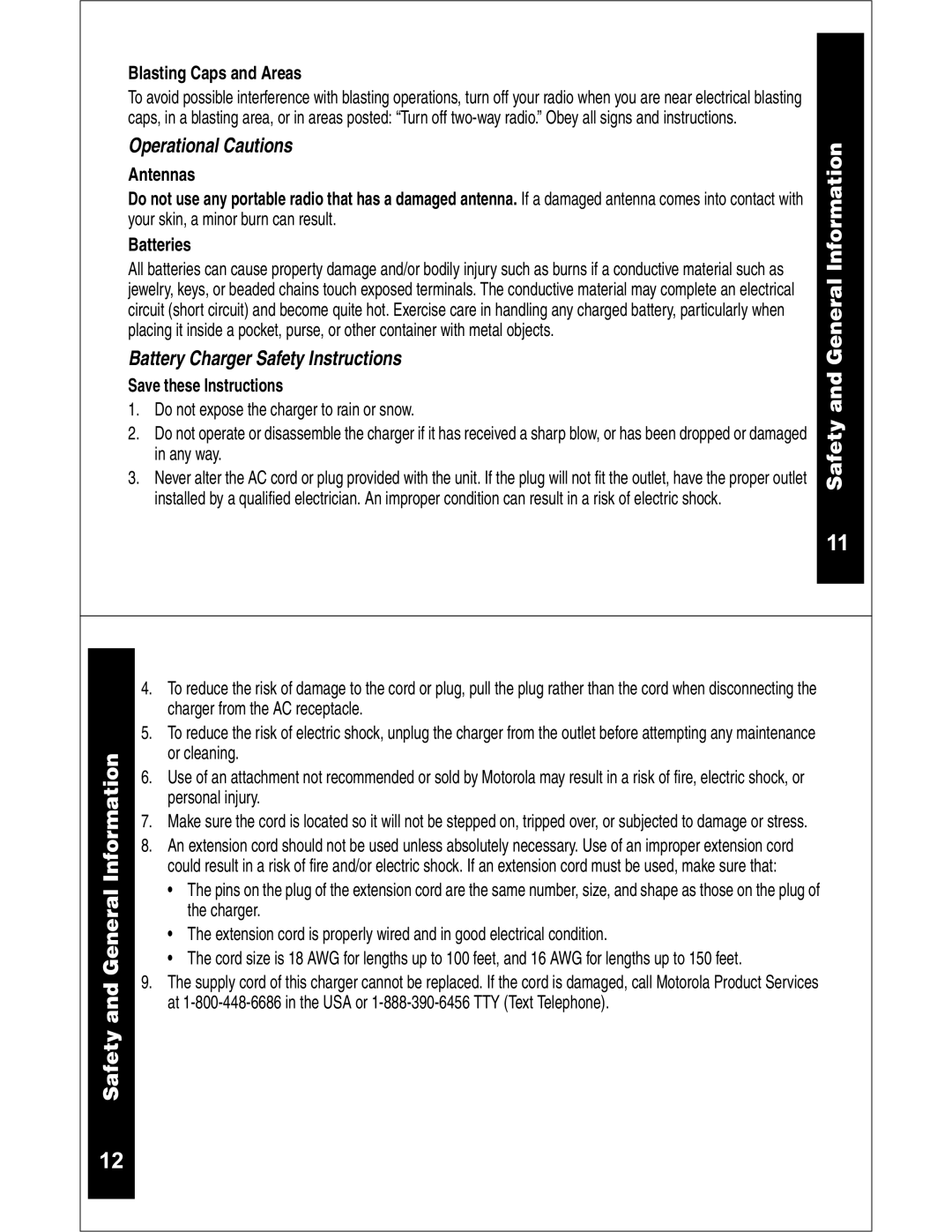 Motorola CLS1110 CLS1410 Operational Cautions, Battery Charger Safety Instructions, Blasting Caps and Areas, Antennas 