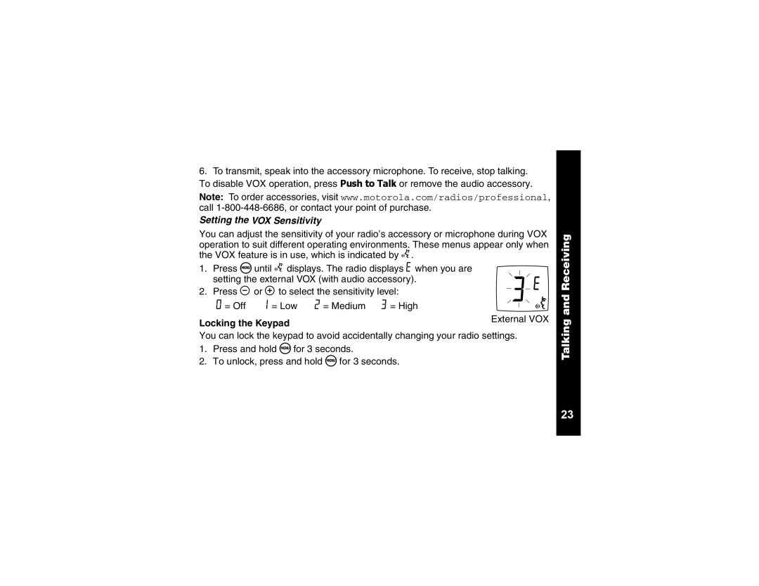 Motorola CLS1110 manual Setting the VOX Sensitivity, Locking the Keypad 