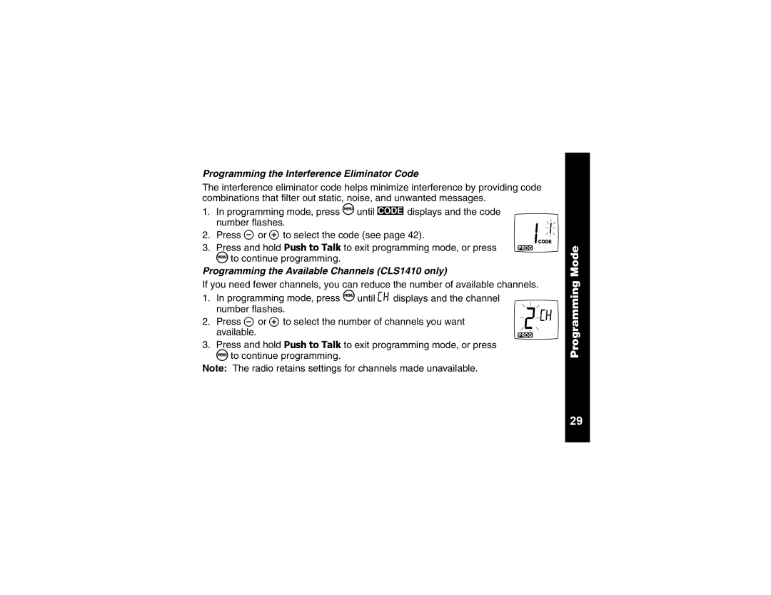 Motorola CLS1110 manual Programming the Interference Eliminator Code, Programming the Available Channels CLS1410 only 