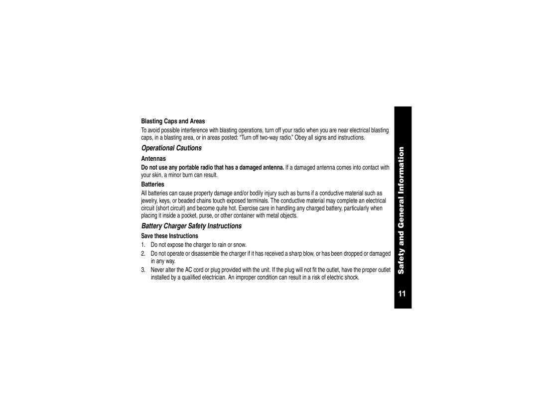 Motorola CLS1110, CLS1410 manual Operational Cautions, Battery Charger Safety Instructions 