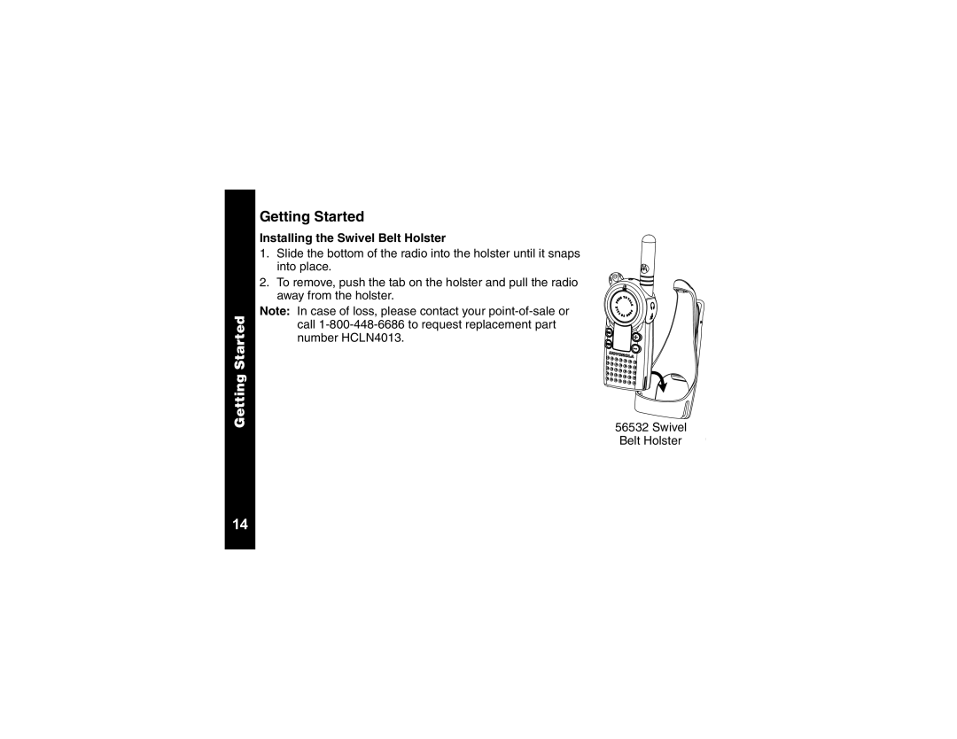 Motorola CLS1410, CLS1110 manual Getting Started, Installing the Swivel Belt Holster 