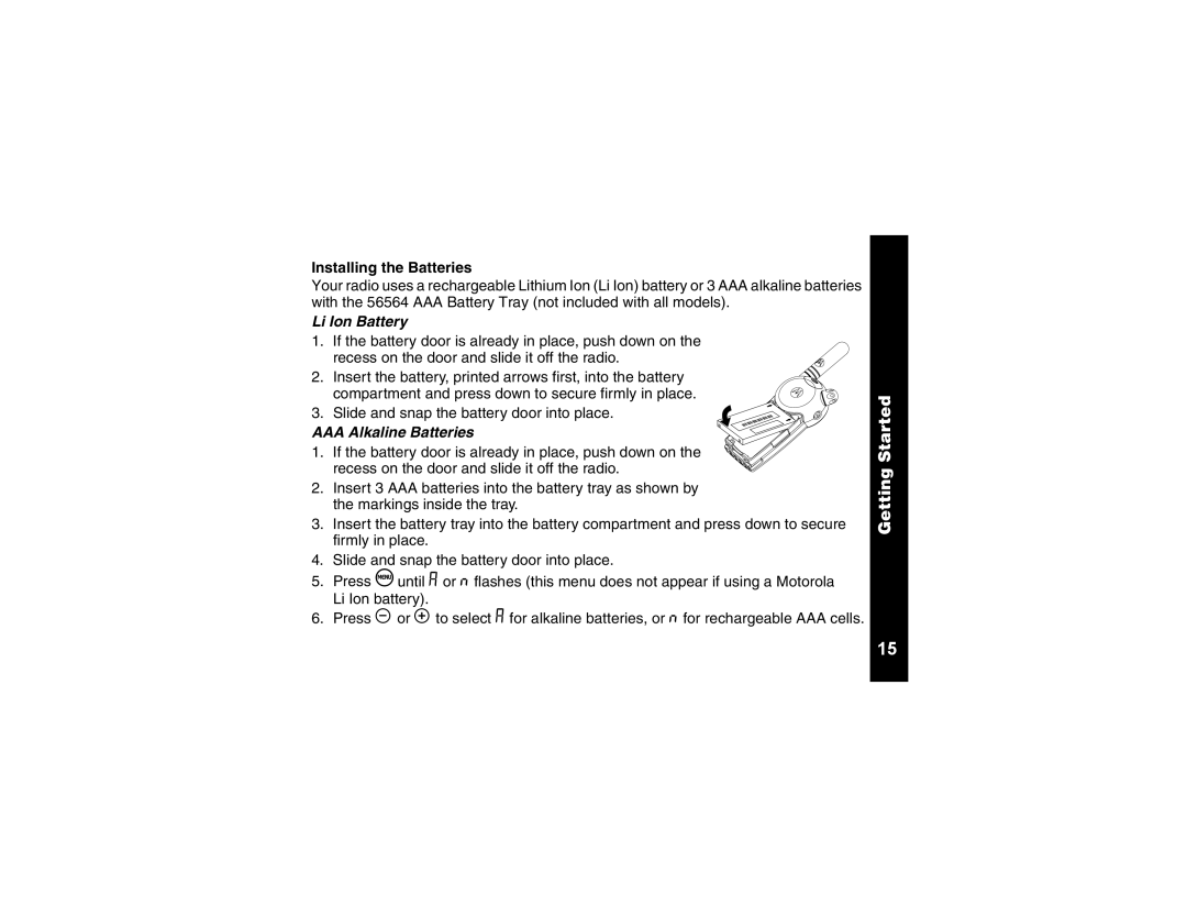 Motorola CLS1110, CLS1410 manual Installing the Batteries, Li Ion Battery, AAA Alkaline Batteries 