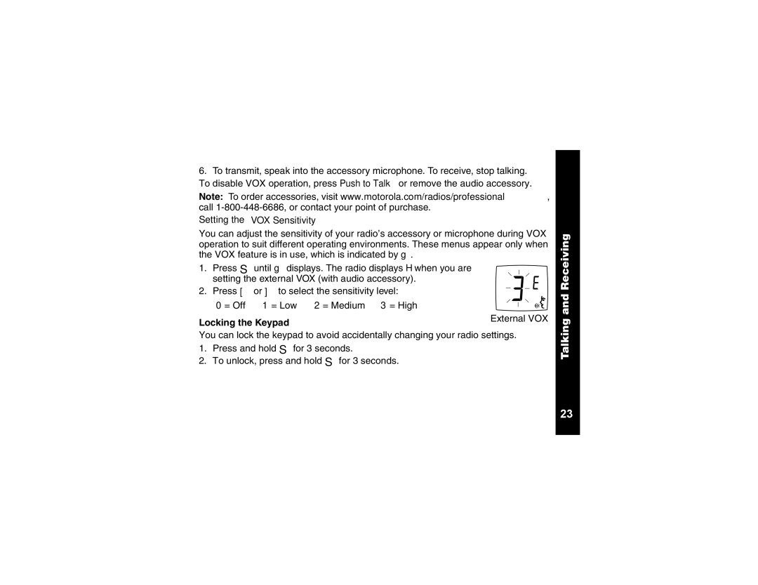 Motorola CLS1110, CLS1410 manual Setting the VOX Sensitivity, Locking the Keypad 