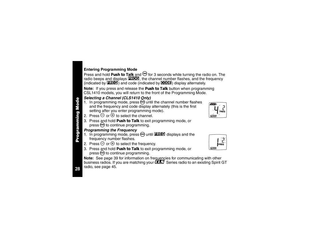 Motorola CLS1110 manual Selecting a Channel CLS1410 Only, Programming the Frequency 