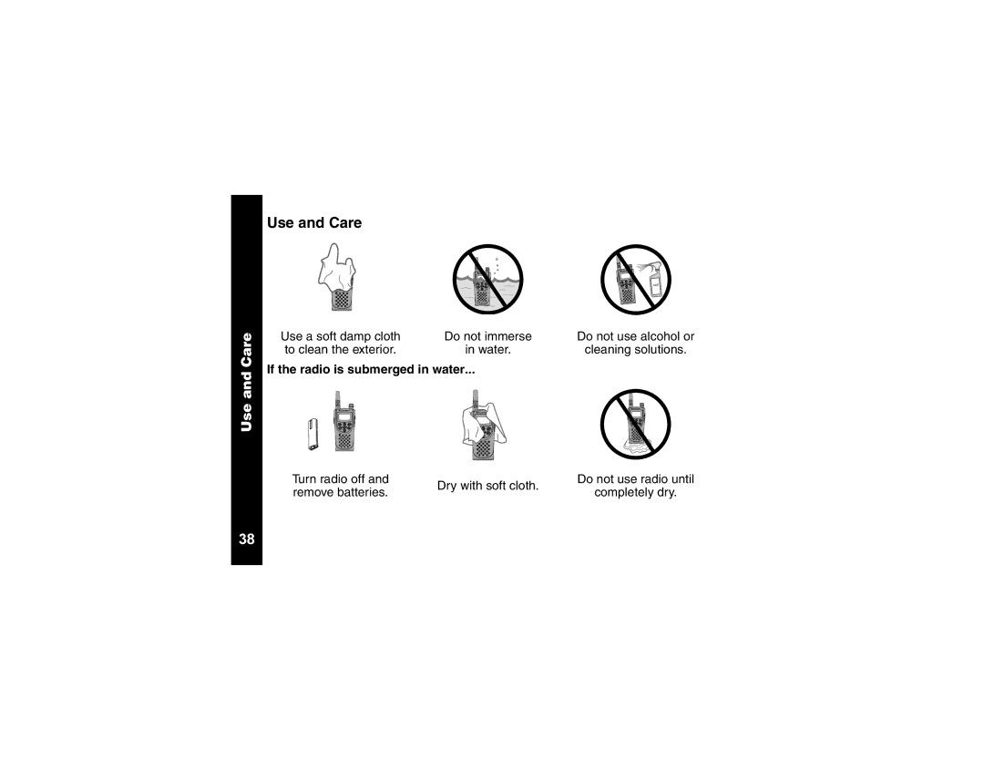 Motorola CLS1410, CLS1110 manual Use and Care, If the radio is submerged in water 