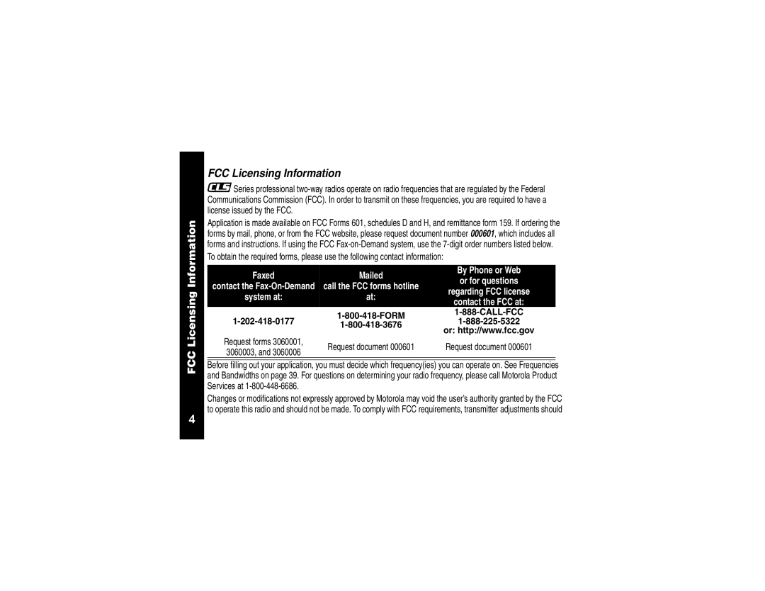 Motorola CLS1410, CLS1110 manual FCC Licensing Information 