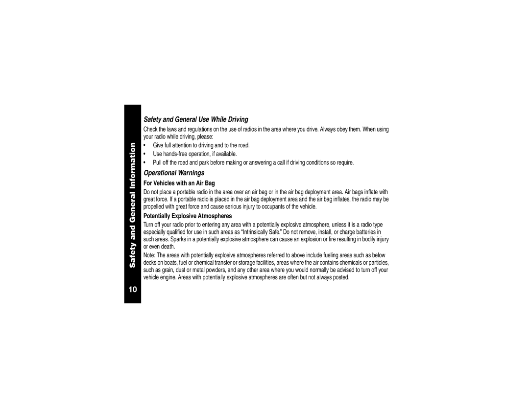 Motorola CLS1410 manual Safety and General Use While Driving, Operational Warnings 