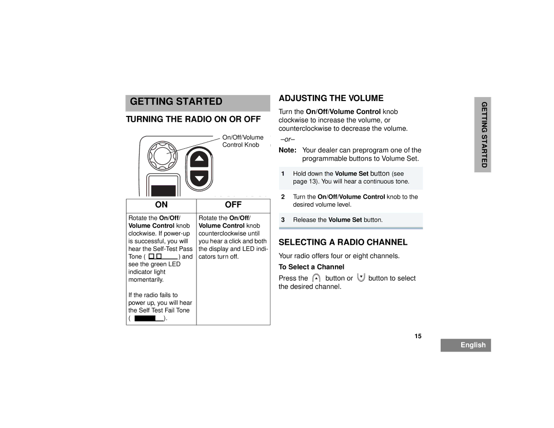 Motorola CM200 manual Getting Started, Turning the Radio on or OFF, Off, Adjusting the Volume, Selecting a Radio Channel 