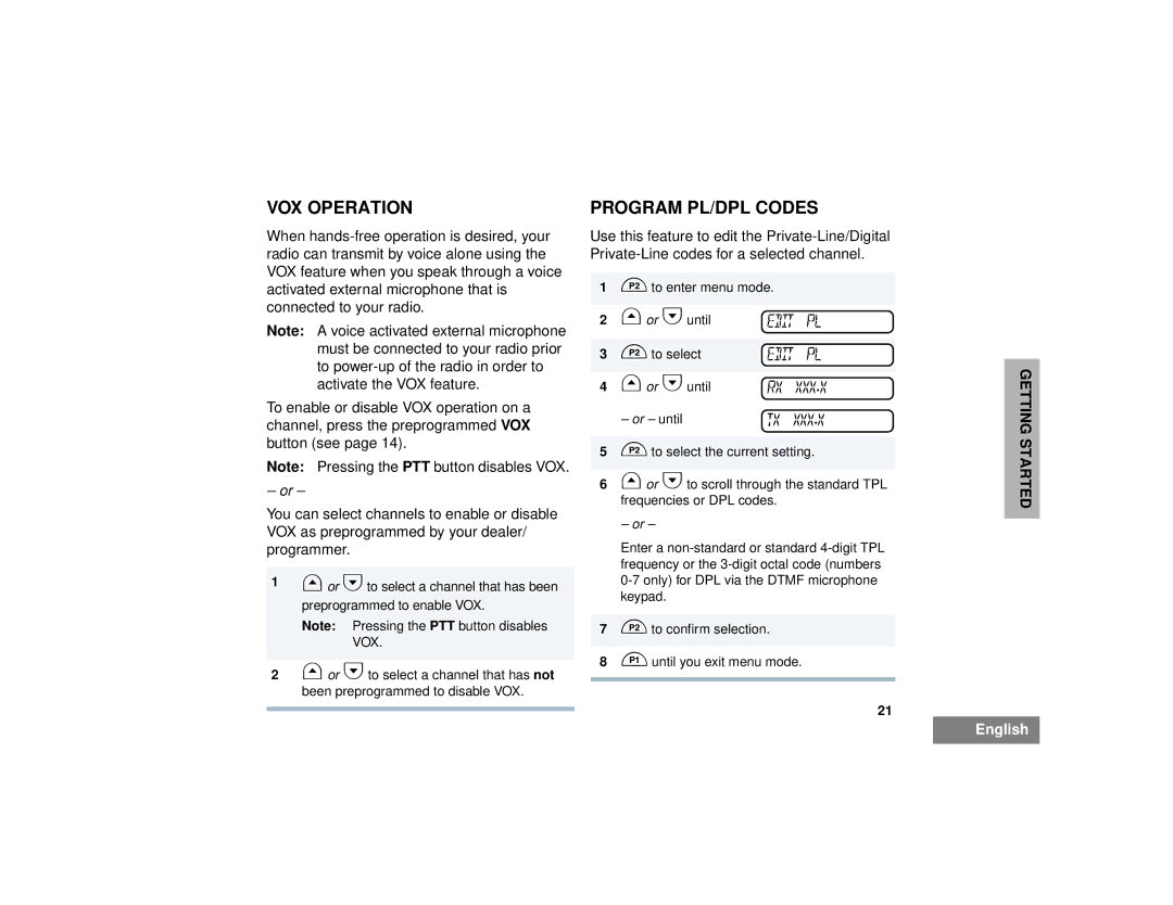 Motorola CM300 manual VOX Operation, Program PL/DPL Codes 