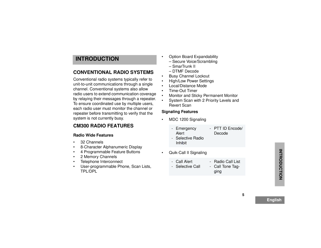 Motorola manual Introduction, Conventional Radio Systems, CM300 Radio Features, Radio Wide Features, Signaling Features 