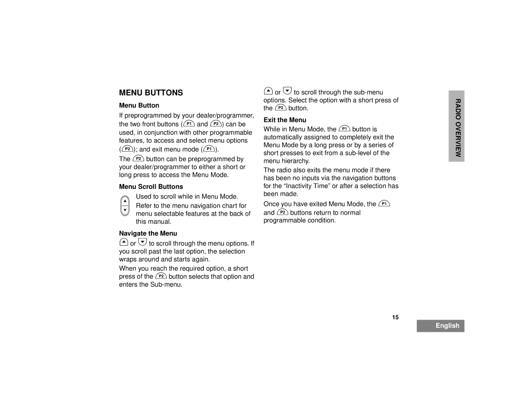 Motorola CM300TM manual Menu Buttons, Menu Scroll Buttons, Navigate the Menu, Exit the Menu 