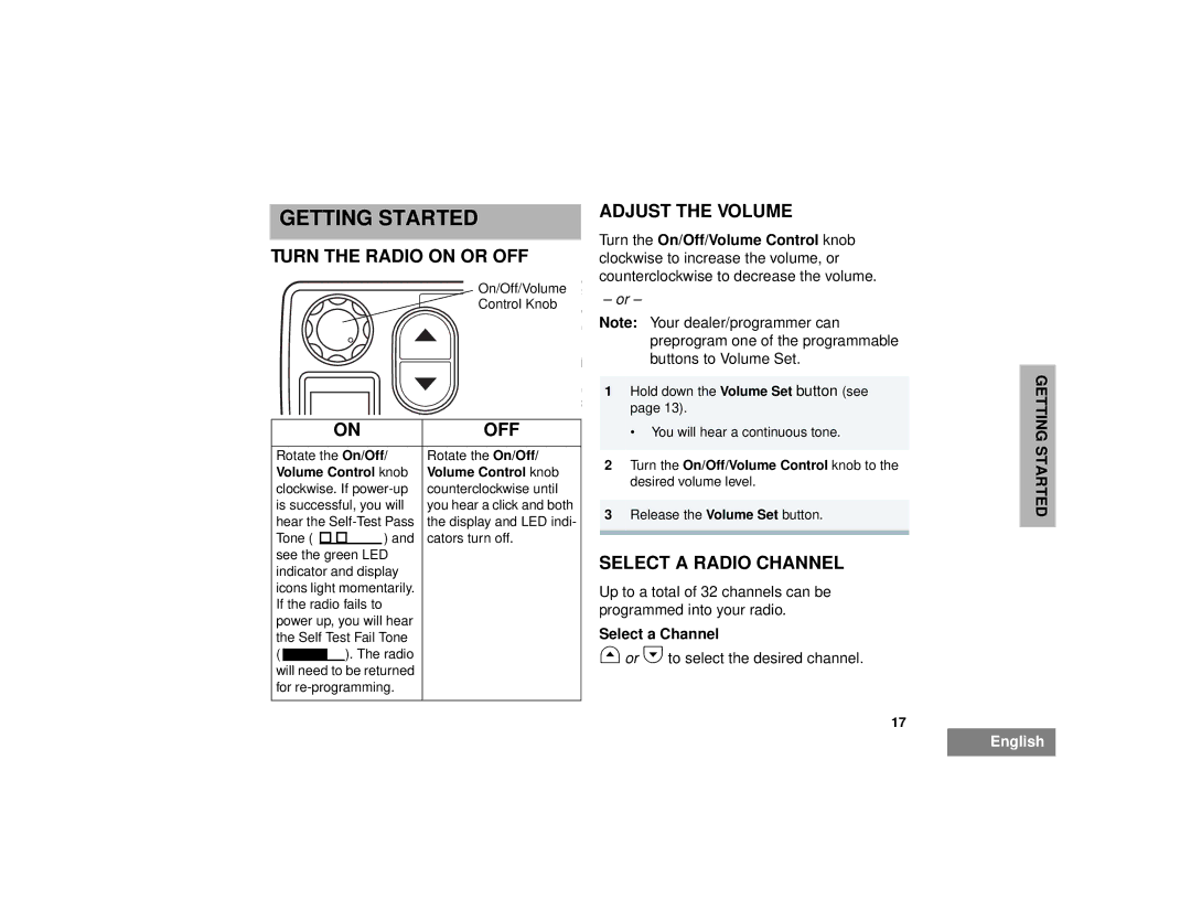 Motorola CM300TM manual Getting Started, Turn the Radio on or OFF, Off, Adjust the Volume, Select a Radio Channel 