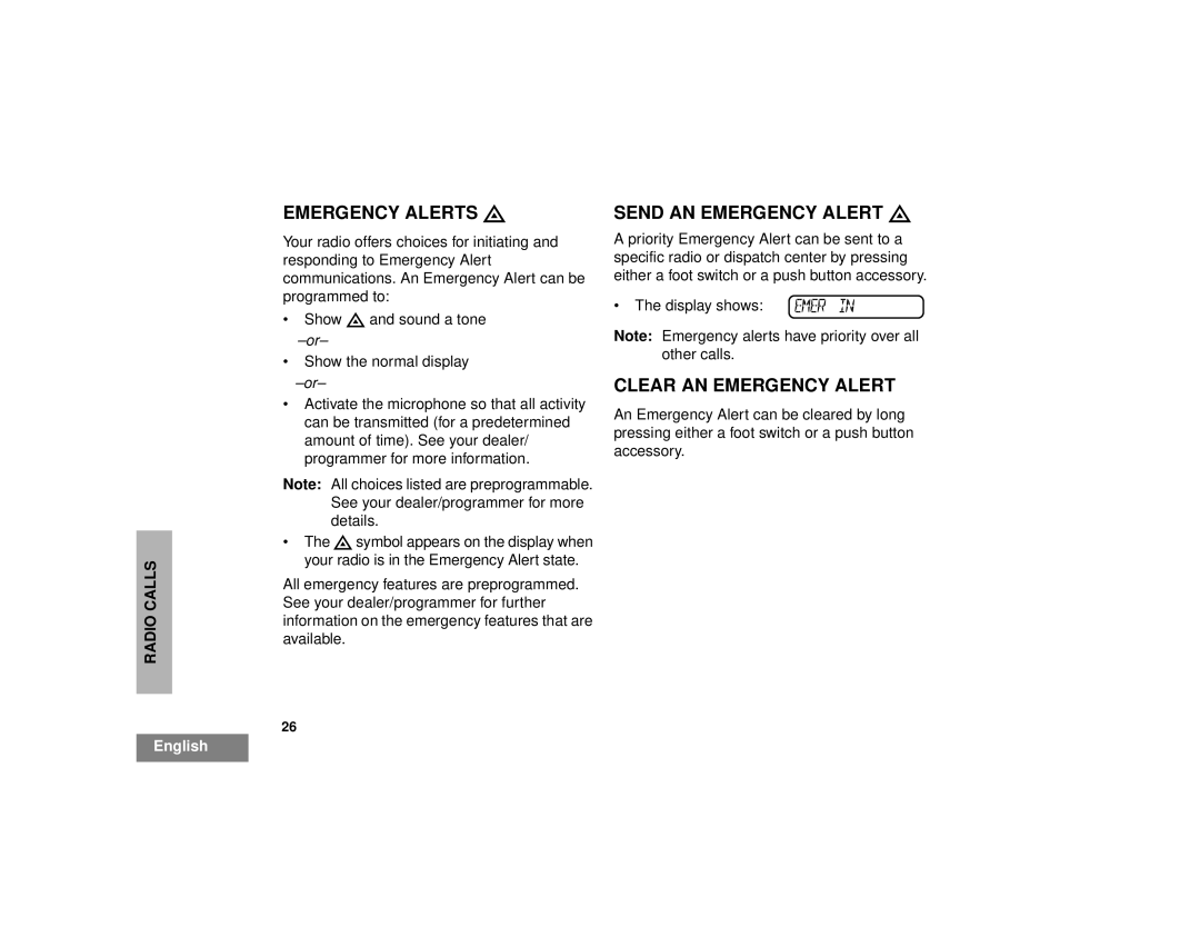 Motorola CM300TM manual Emergency Alerts E, Send AN Emergency Alert E, Clear AN Emergency Alert 