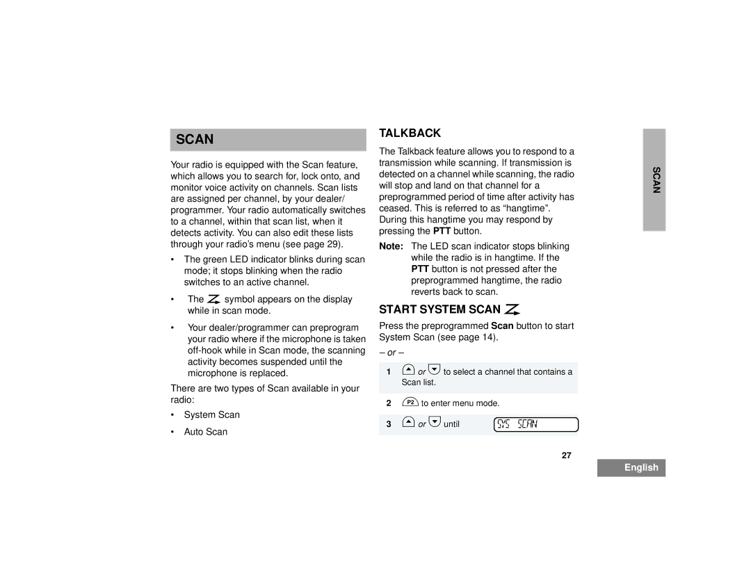 Motorola CM300TM manual Talkback, Start System Scan G 