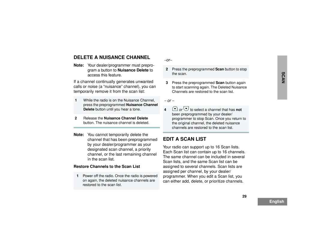Motorola CM300TM manual Delete a Nuisance Channel, Edit a Scan List, Restore Channels to the Scan List 