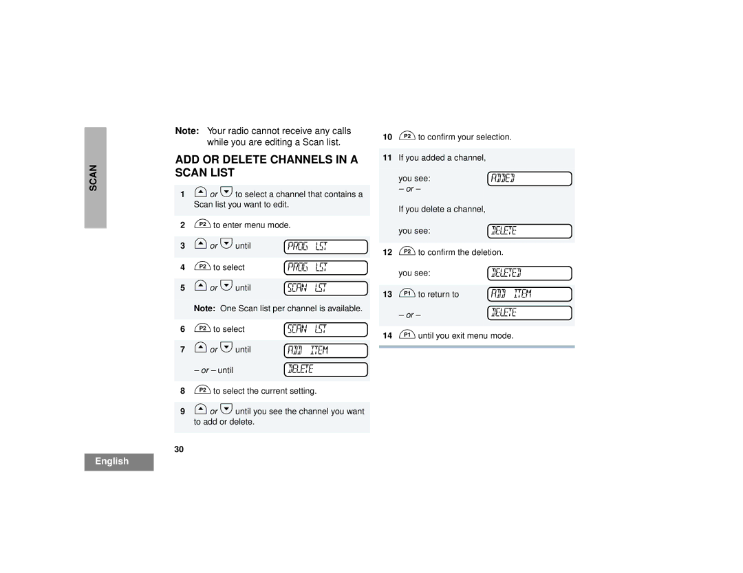 Motorola CM300TM manual ADD or Delete Channels in a Scan List 