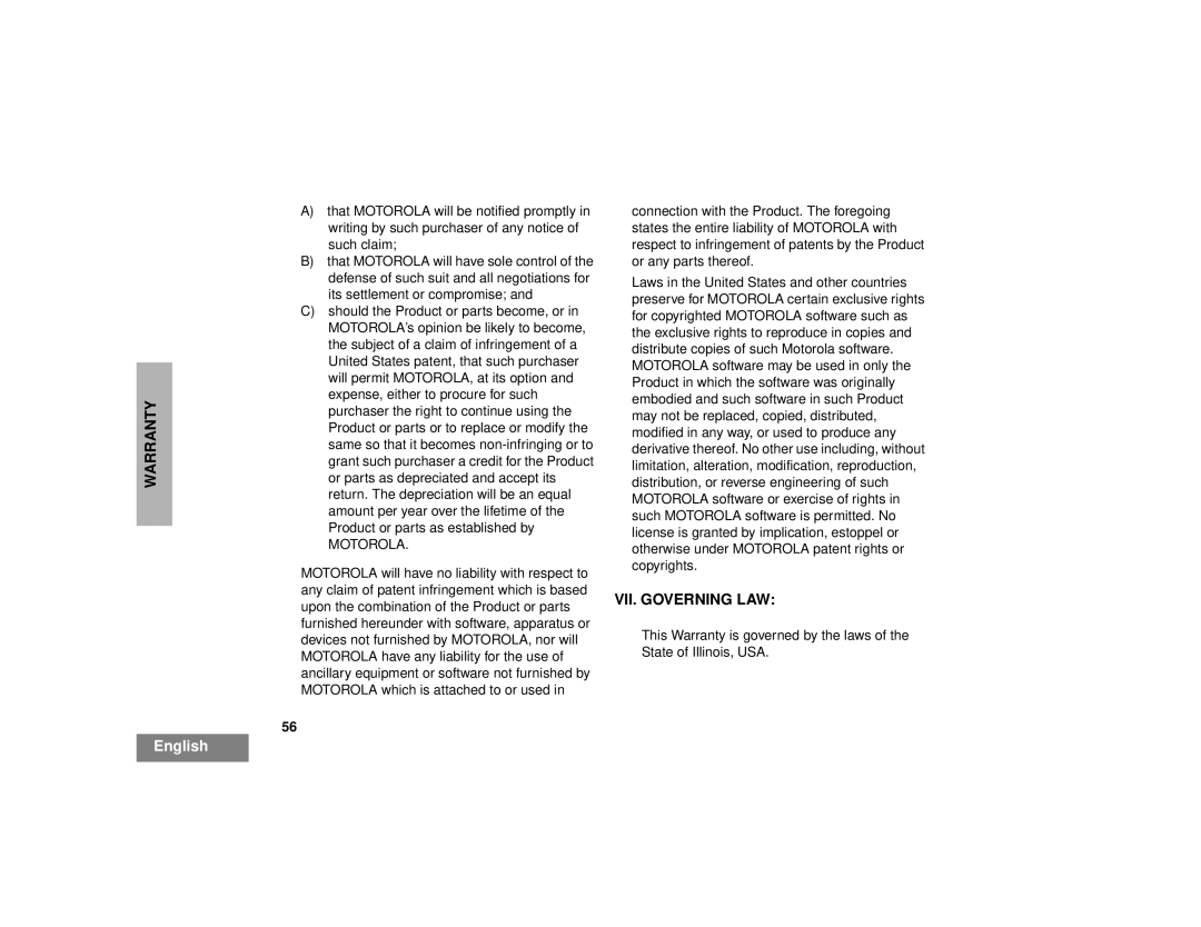 Motorola CM300TM manual VII. Governing LAW 