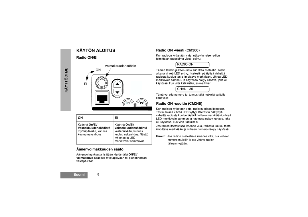 Motorola manual Käytön Aloitus, Radio ON/EI, Äänenvoimakkuuden säätö, Radio on -viesti CM360, Radio on -osoitin CM340 