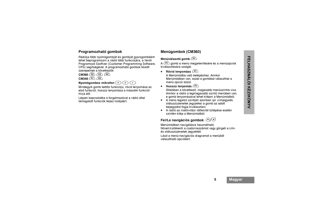 Motorola CM340 manual Programozható gombok, Menügombok CM360, Fel/Le navigációs gombok G/H 