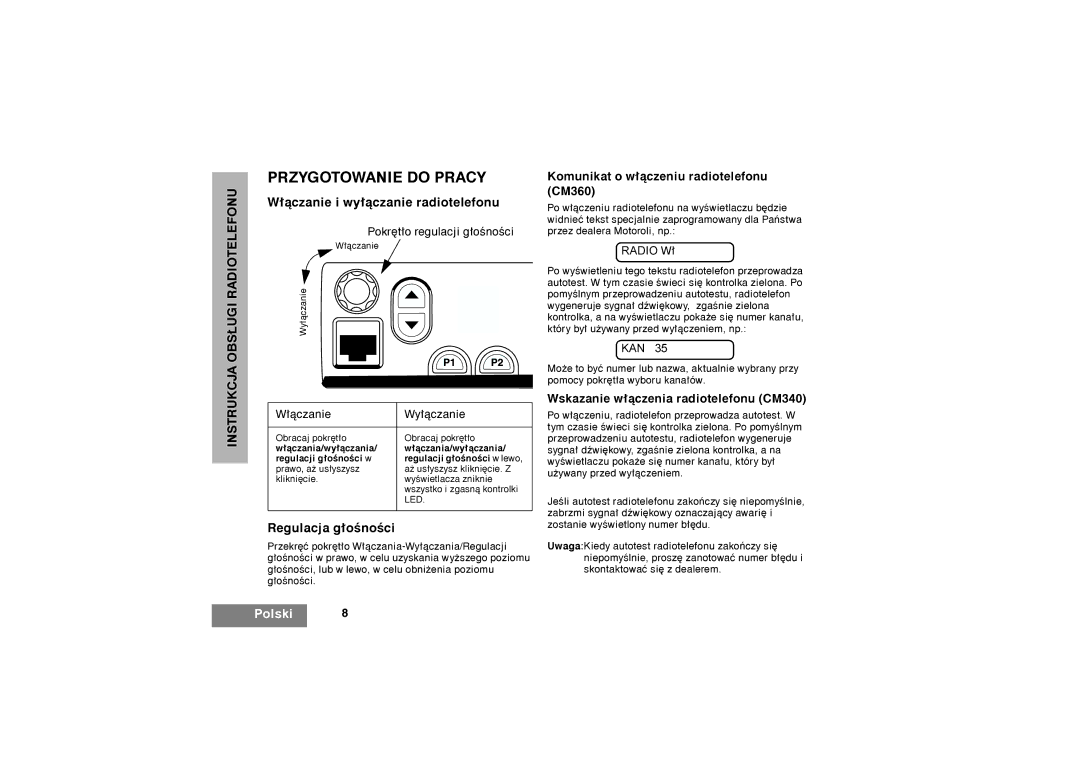 Motorola ³¹czanie i wy³¹czanie radiotelefonu, Regulacja g³oœnoœci, Komunikat o w³¹czeniu radiotelefonu CM360, Radio W³ 