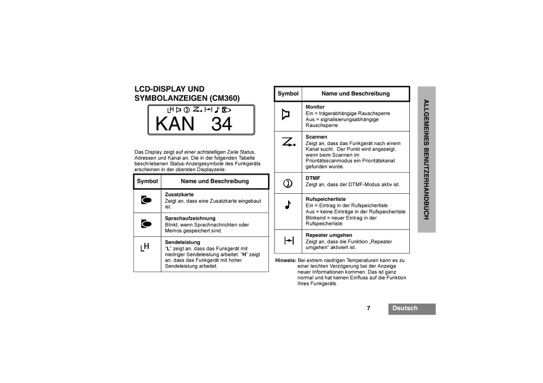 Motorola CM340 manual LCD-DISPLAY UND Symbolanzeigen CM360, Symbol Name und Beschreibung 