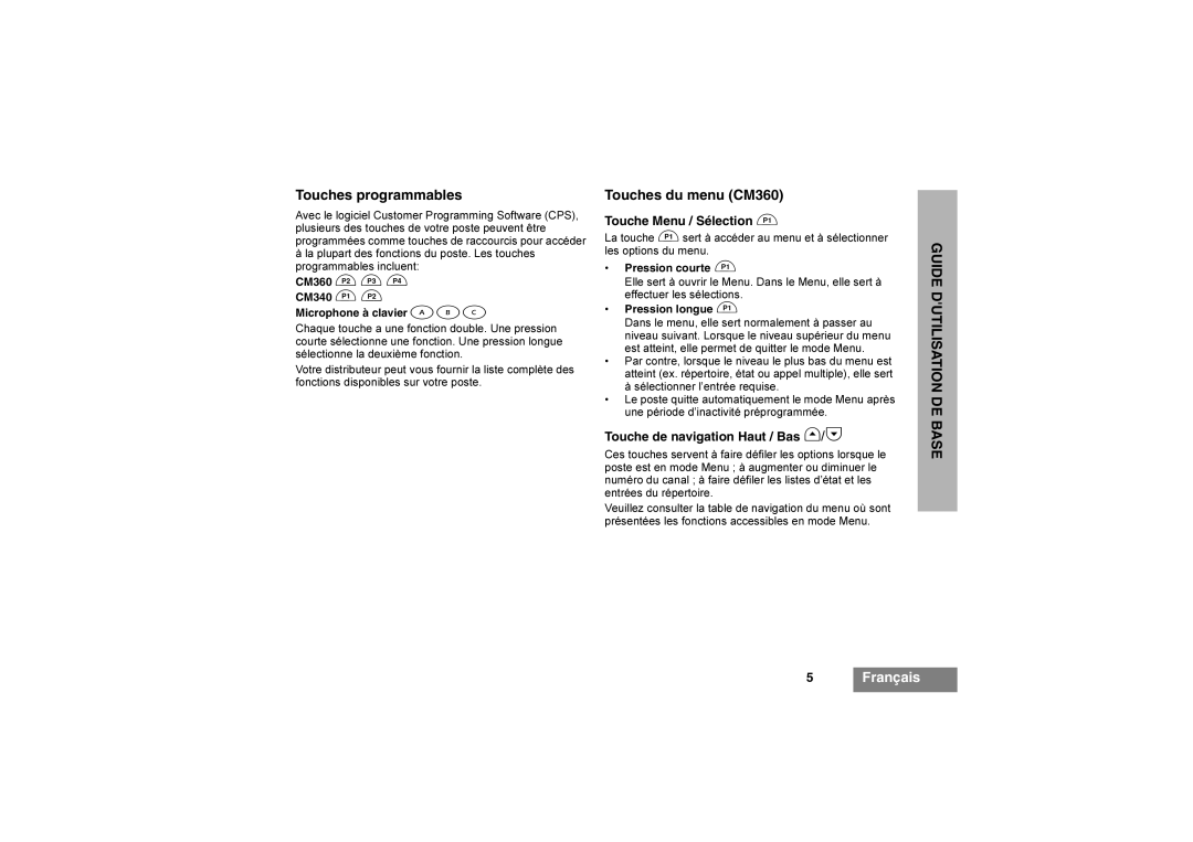 Motorola CM340 manual Touches programmables, Touches du menu CM360, Touche Menu / Sélection C 