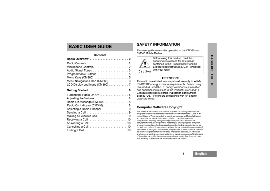 Motorola CM340, CM360 manual Safety Information, Computer Software Copyright, Contents, Radio Overview, Getting Started 