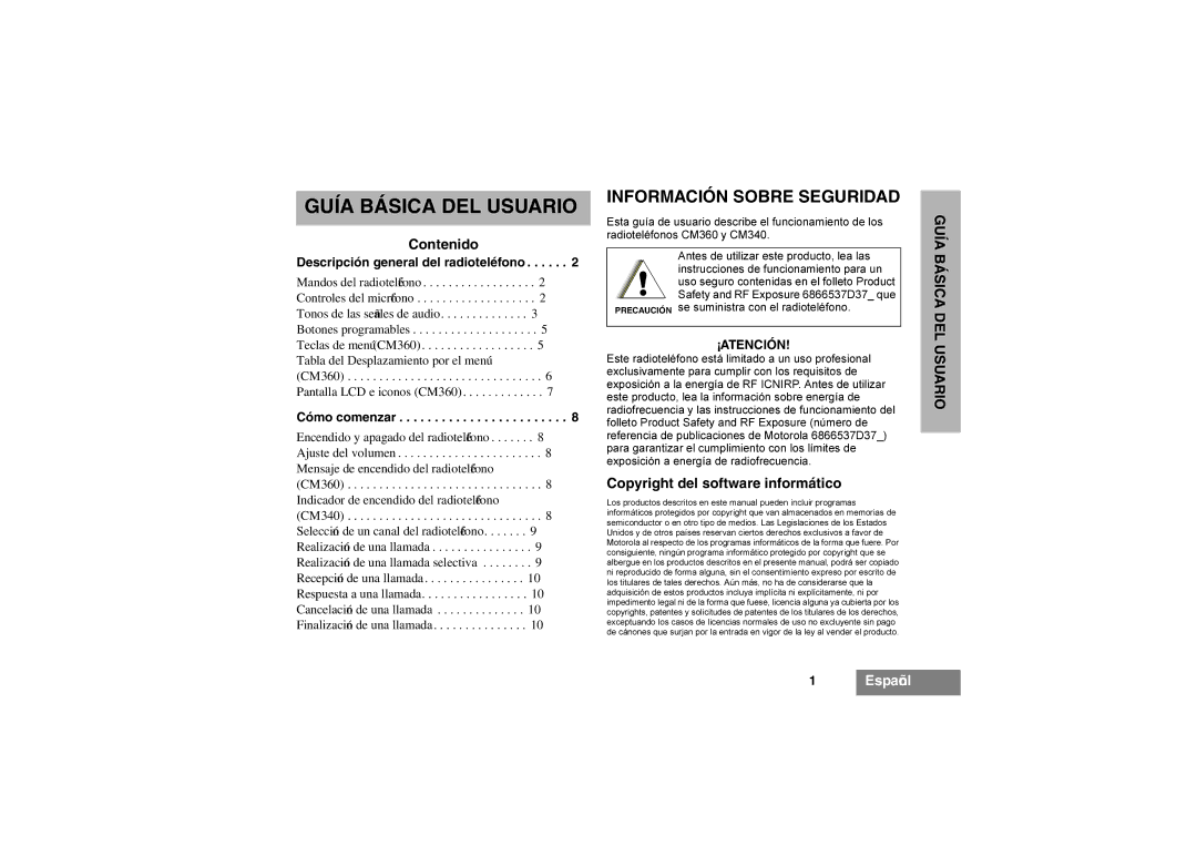 Motorola CM340, CM360 manual Información Sobre Seguridad, Contenido, Copyright del software informático, ¡Atención 