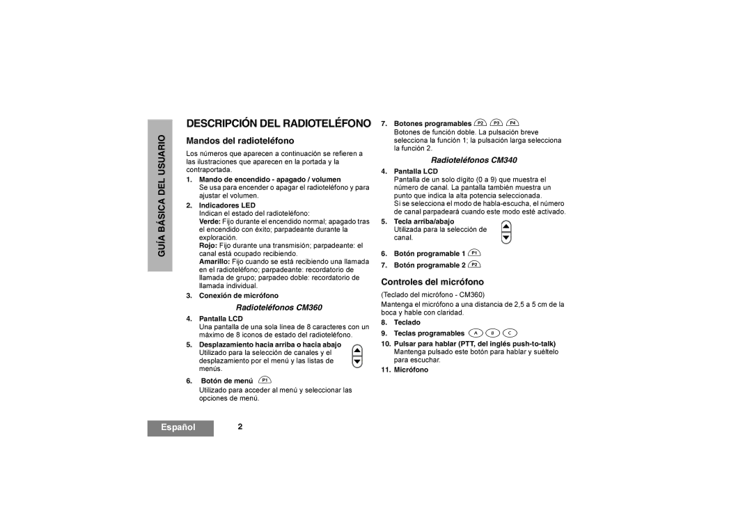 Motorola CM360, CM340 manual Mandos del radioteléfono, Controles del micrófono 