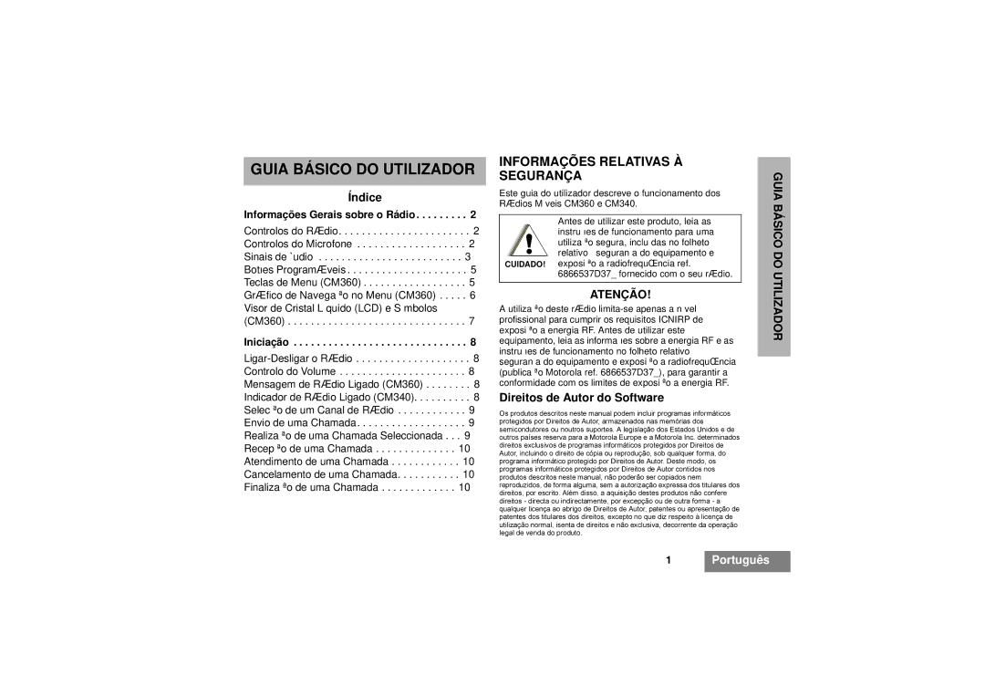 Motorola CM340, CM360 manual Índice, Direitos de Autor do Software, Informações Gerais sobre o Rádio, Iniciação 