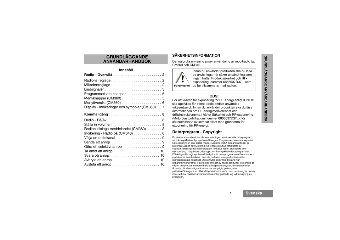 Motorola CM340, CM360 manual Datorprogram Copyright, Innehåll Radio Översikt, Komma igång, Säkerhetsinformation, Obs 