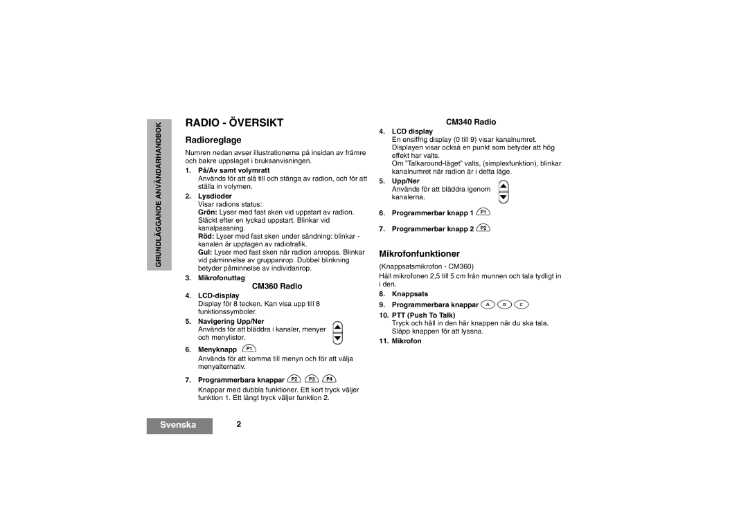 Motorola manual Radio Översikt, Radioreglage, Mikrofonfunktioner, CM360 Radio, CM340 Radio 