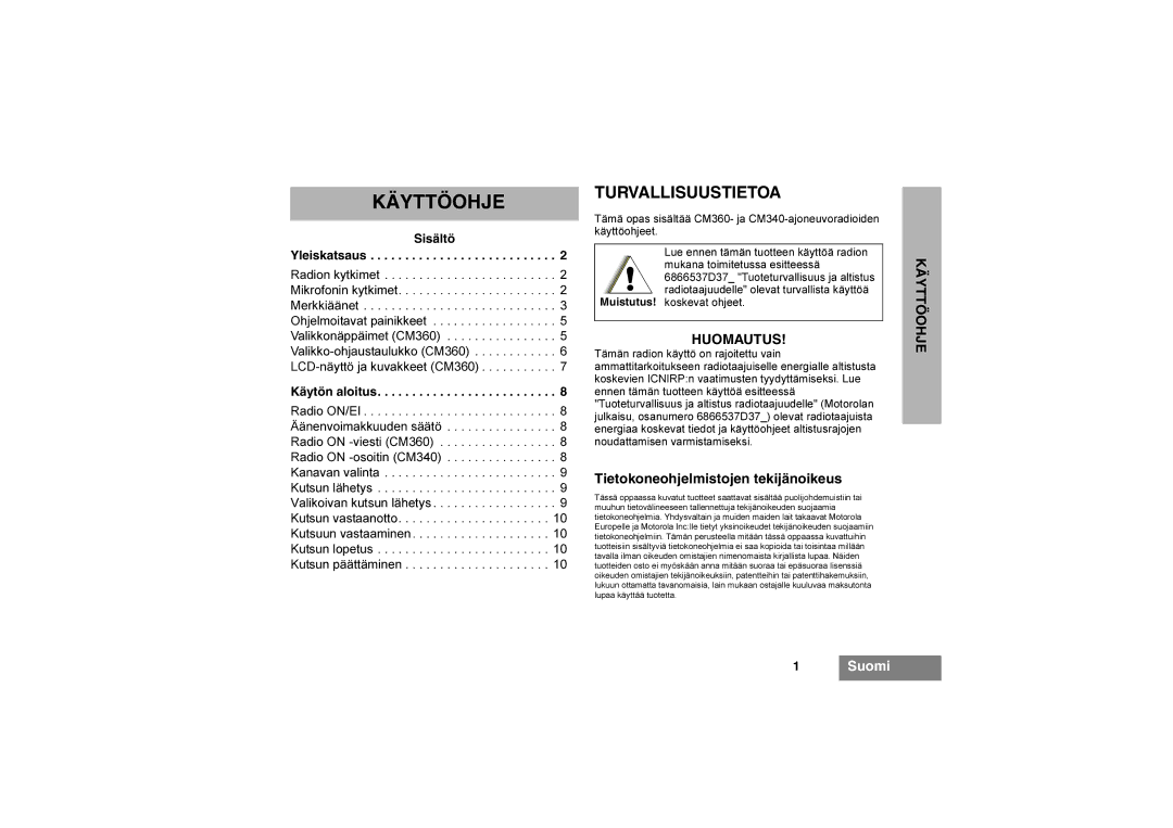 Motorola CM340, CM360 manual Turvallisuustietoa, Tietokoneohjelmistojen tekijänoikeus, Sisältö Yleiskatsaus, Käytön aloitus 