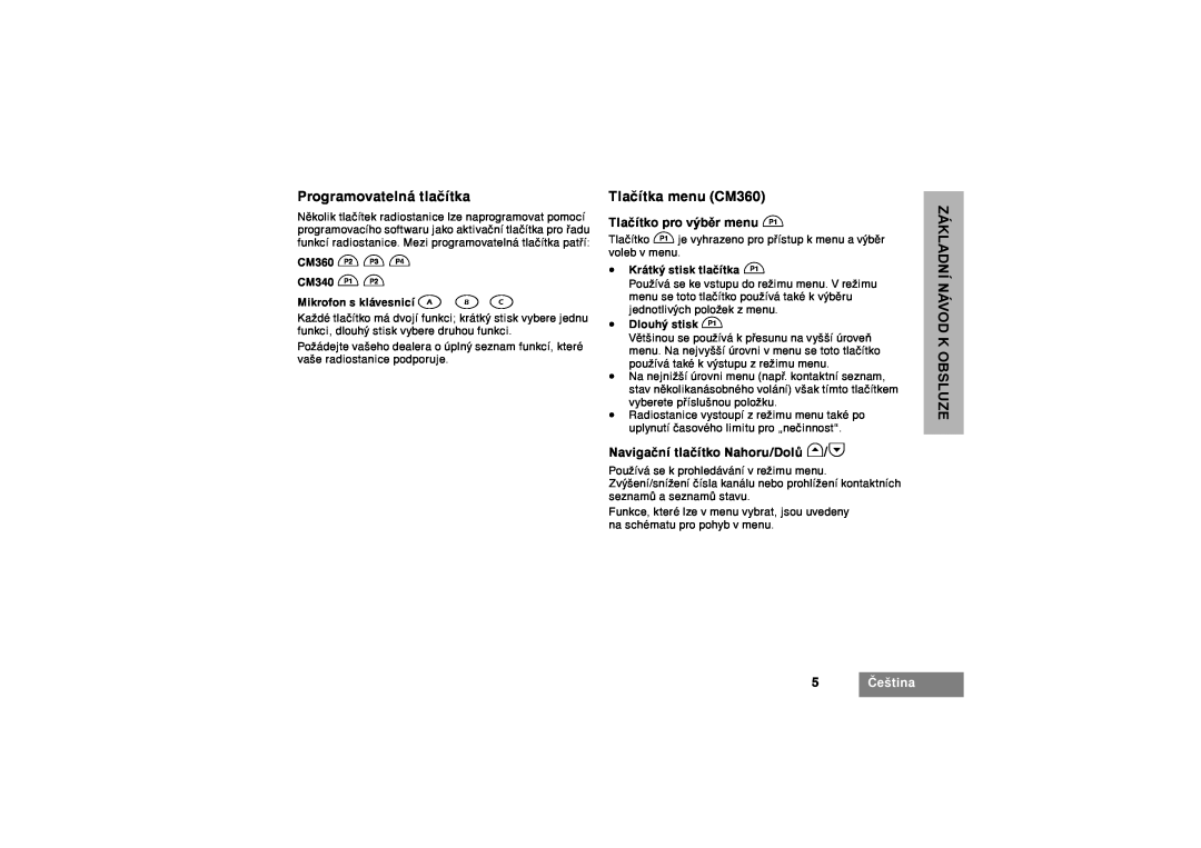 Motorola CM340 manual Programovatelná tlaèítka, Tlaèítka menu CM360, 5Èeština, Základní Návod K Obsluze 