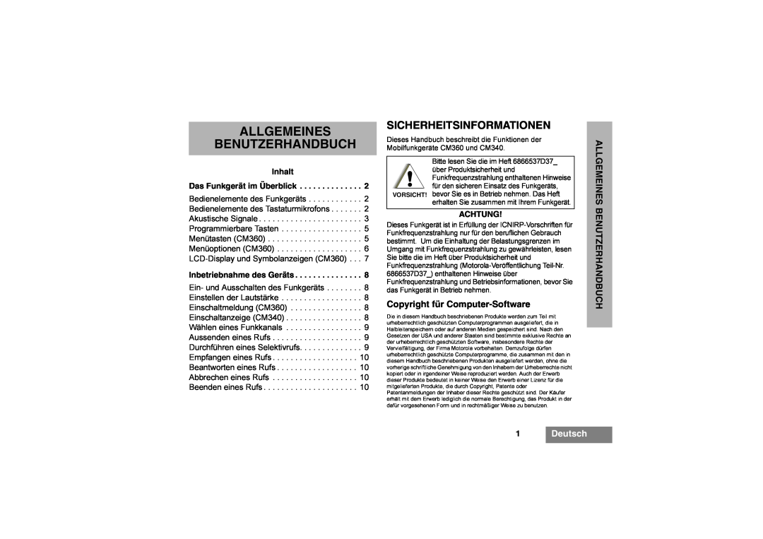 Motorola CM340 Allgemeines Benutzerhandbuch, Sicherheitsinformationen, Copyright für Computer-Software, 1Deutsch, Inhalt 