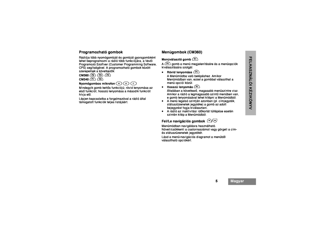 Motorola CM340 manual Programozható gombok, Menügombok CM360, 5Magyar, Felhasználói Kézikönyv 