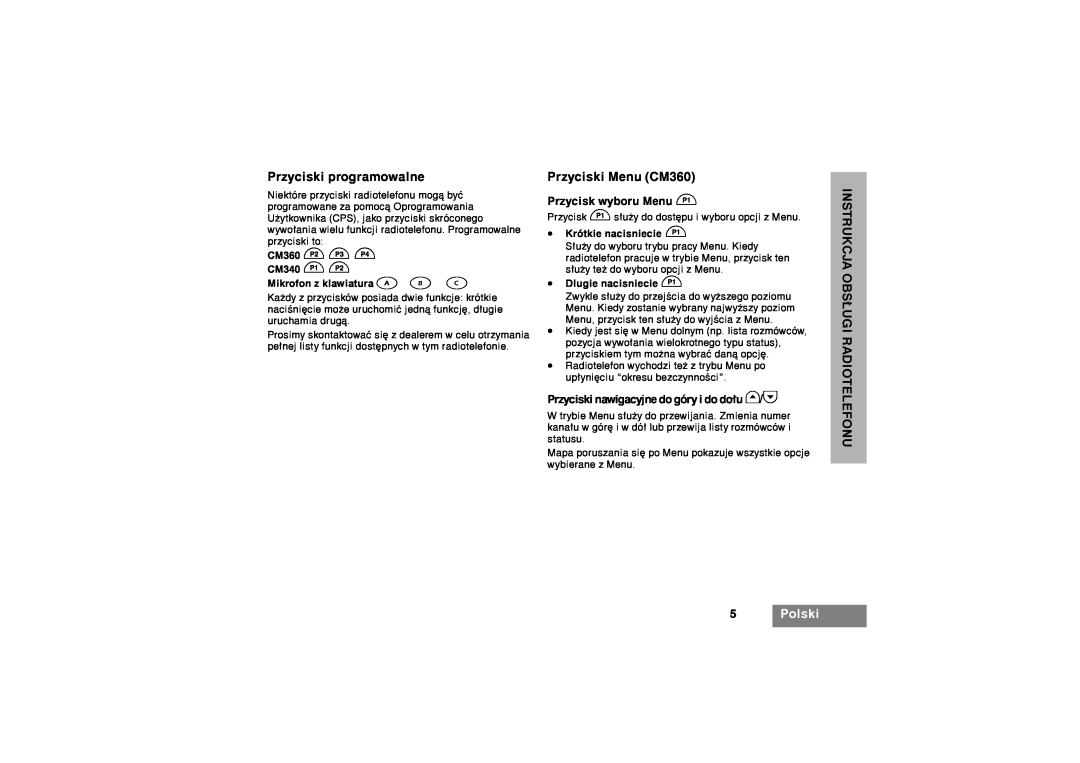Motorola CM340 manual Przyciski programowalne, Przyciski Menu CM360, 5Polski, Instrukcja Obs£Ugi Radiotelefonu 