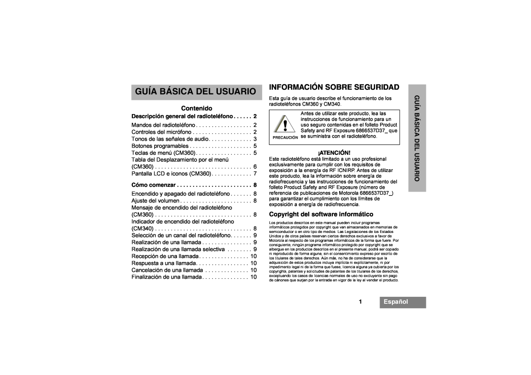 Motorola CM340, CM360 Guía Básica Del Usuario, Información Sobre Seguridad, Contenido, Copyright del software informático 
