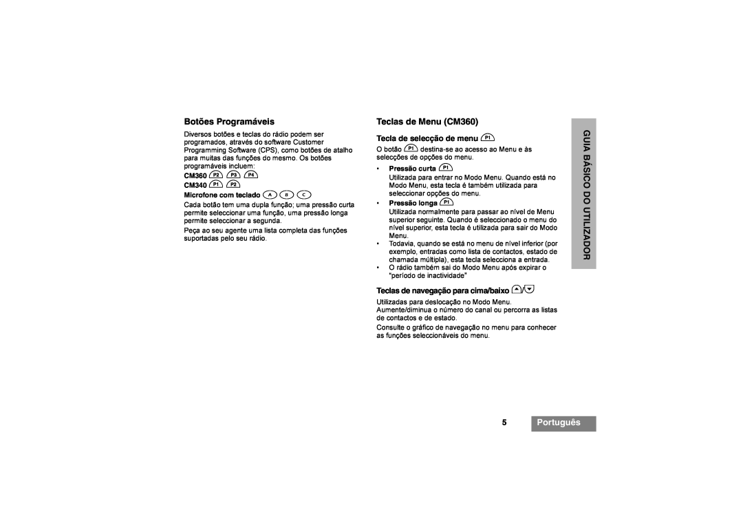 Motorola CM340 manual Botões Programáveis, Teclas de Menu CM360, 5Português, Tecla de selecção de menu C 