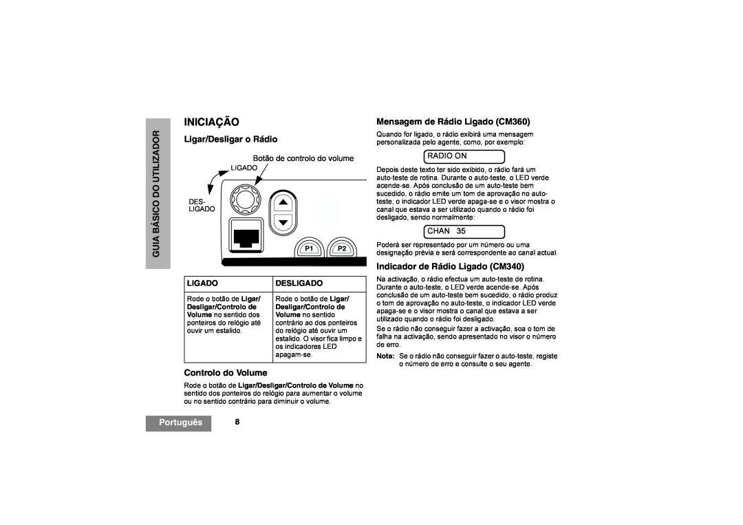 Motorola Iniciação, Ligar/Desligar o Rádio, Controlo do Volume, Mensagem de Rádio Ligado CM360, Desligado, Português 